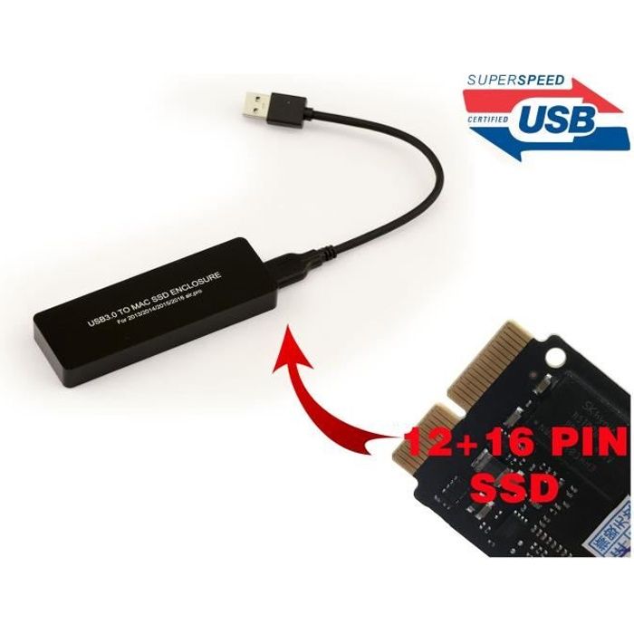 Boitier USB 3.0 pour SSD MACBOOCK 12 + 16 BROCHES – Pour SSD de Macbook en PCIe (2013/2014/2015/2016)