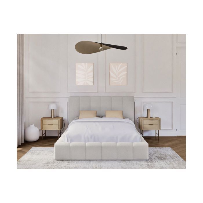 Cadre de lit BULLE rembourré avec coffre en tissu blanc cassé - couchage 140x190cm Cadre de lit BULLE rembourré avec coffre en tissu blanc cassé - couchage 140x190cm