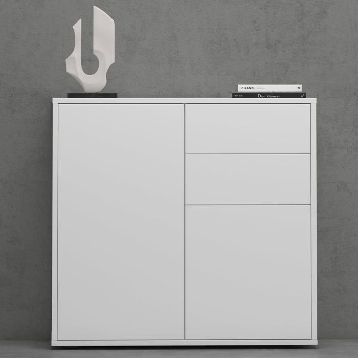 Mai & Mai Meuble de Rangement avec 2 Portes et 2 Tiroirs Casier de Rangement Polyvalent Buffet Blanc Mat 80x36x74 cm SR05