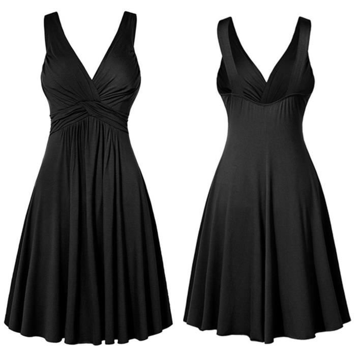 Robe Sexy Robe ??vas?�e Pliss?�e Vintage ?? Col En V Noir Noir - Cdiscount Pr??t-?�-Porter