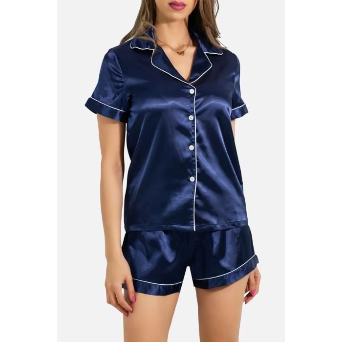 Pyjama Femme Ensemble de 2 pièces en satin,avec haut à manches trois  quarts+short - Bleu Bleu - Cdiscount Prêt-à-Porter