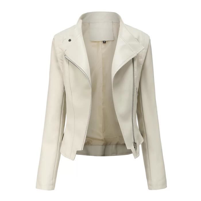 Veste pu cuir Femme de Marque Luxe uni de type mince Veste Femmes en slim moto Vetements XHA88 Blanc