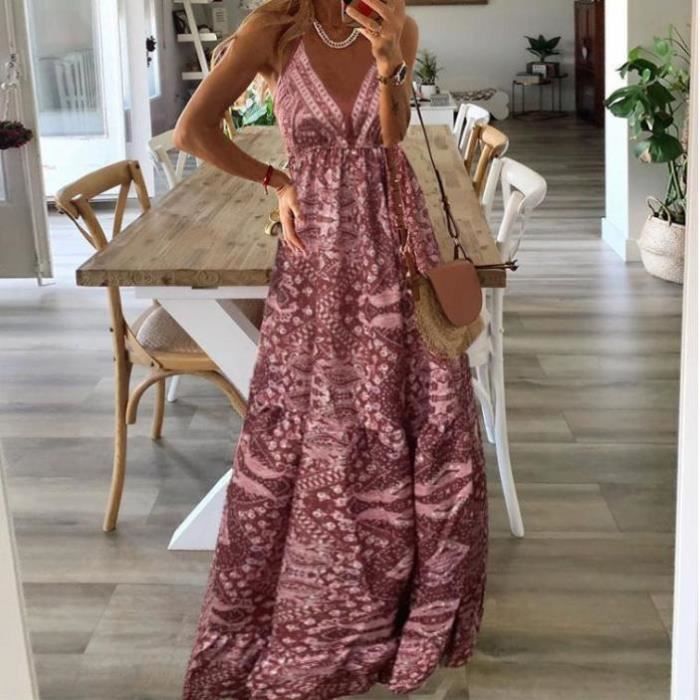 Robe longue femme florale rose manches courtes col V