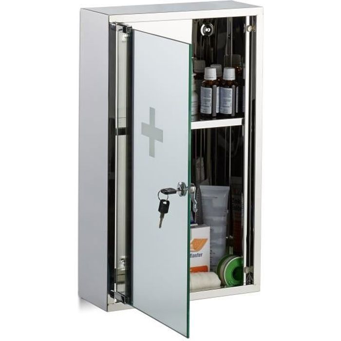 relaxdays armoire à pharmacie acier inox porte miroir ferme à clé 2 niveaux médicaments pansements 50x30x11cm, argenté
