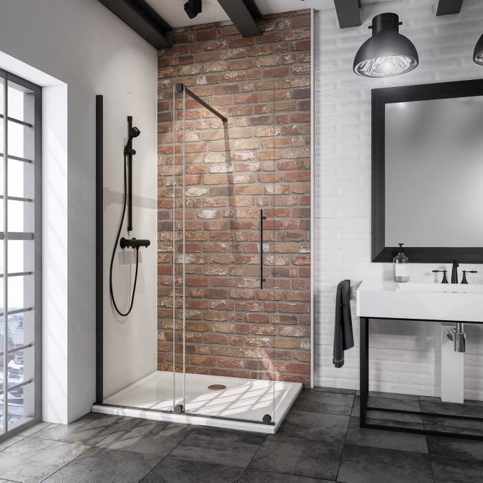 Schulte paroi de douche à litalienne 140x200 cm coulissante anticalcaire verre 8 mm transparent industriel profilé noir