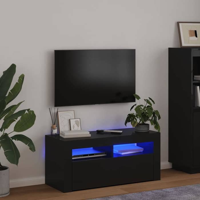 VidaXL Meuble TV Avec LED RGB - 120x30x50 Cm, Bois Et Verre - Éclairage Ambiance, Moderne Et Fonctionnel - Noir