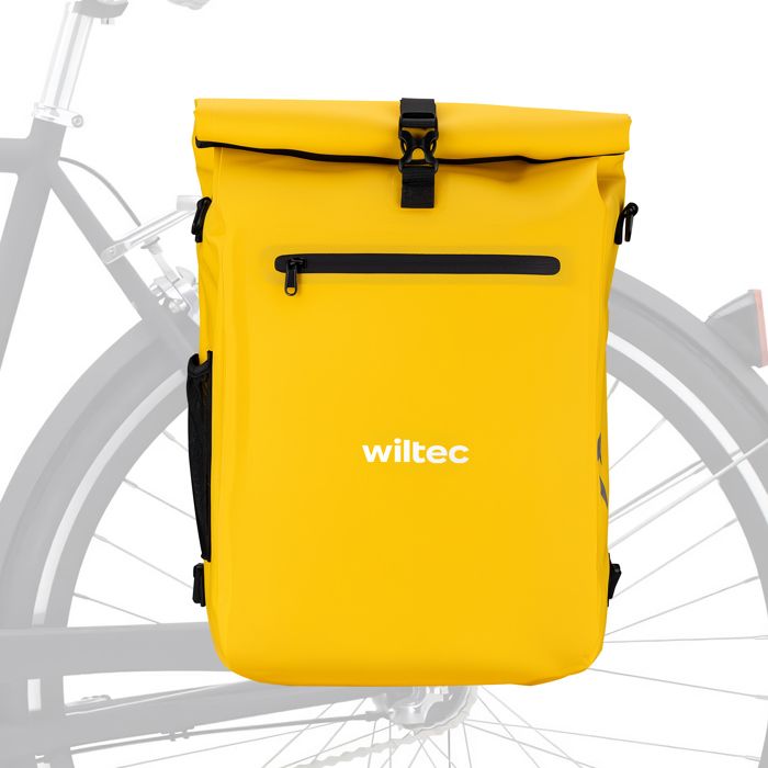 Wiltec Sacoche sac à dos étanche pour porte-bagages jaune – capacité de 25 L – en 500D PVC – avec compartiment pour ordinateur porta