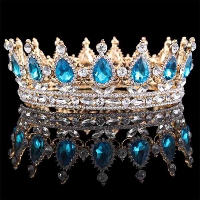 Broche Vintage Couronne - Métal Doré Ajouré Avec Cristal Bleu - 3.6 Cm