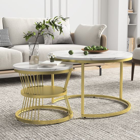 Ensemble De 2 Tables Basses Design Marbre - Rond Et Rectangulaire - Cadre Métal, Rangement Intégré - Blanc Et Doré
