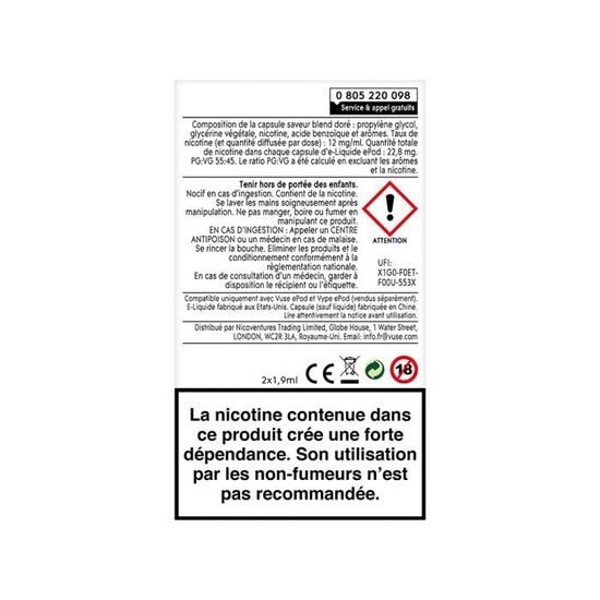 1 BOITE DE 2 CAPSULES VUSE EPOD BLEND DORE 12 MG