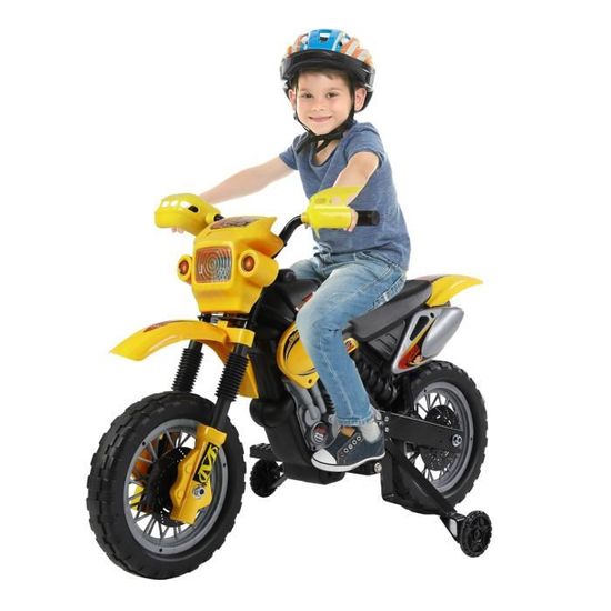 Moto cross électrique enfant 3 à 6 ans 6 v phares klaxon musiques 102 x 53  x 66 cm jaune et noir - Conforama