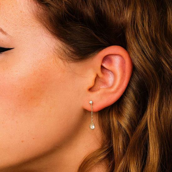 Boucles D'oreilles Pendantes Plaquées Or Jaune - Lames Laquées Blanc Avec Zirconiums, Neuves