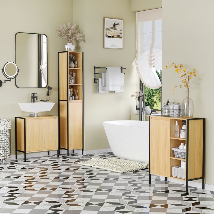 Meuble Sous Lavabo Salle De Bain Kleankin - 60x30x60 Cm, 2 Portes, Étangère, Pieds Acier - Blanc Et Bois Naturel - Installation Facile