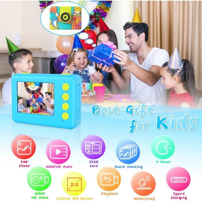 Appareil Photo Enfant étanche – Rotation 180°, 12MP/1080p, 32Go, 30m Sous-marin – Jeux Intégrés – Cadeau 3-12 Ans (bleu)