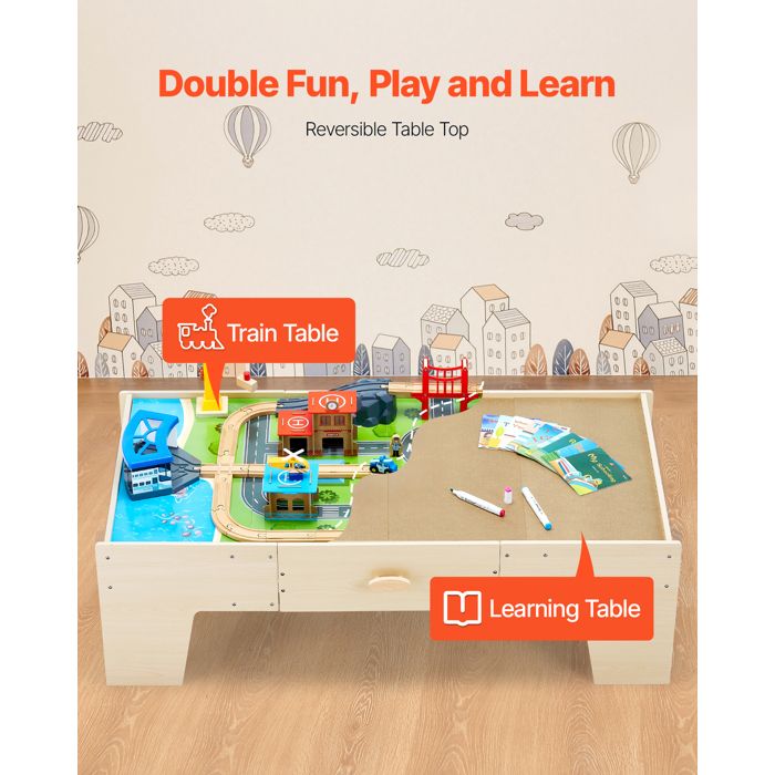 VEVOR Table Circuit Train Bois 62 Pièces – 3-en-1 Réversible Avec Rangement – Cadeau Enfant 3 Ans+