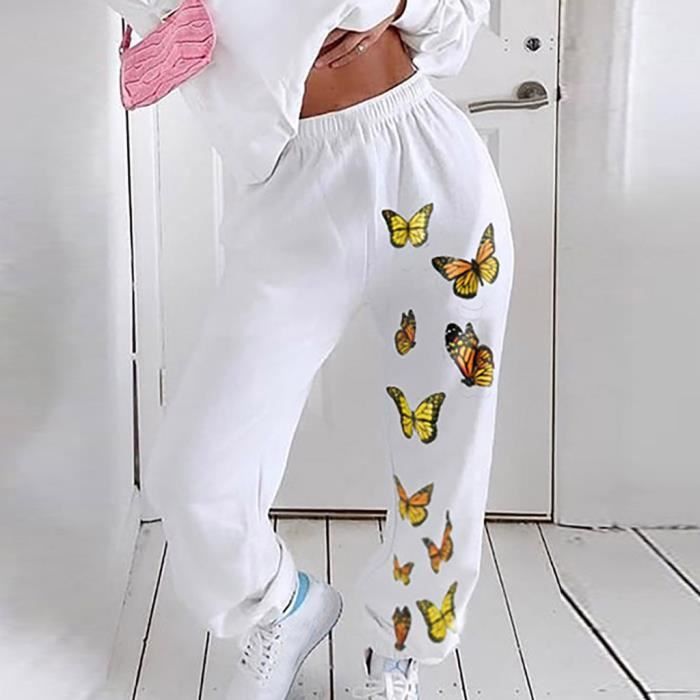 Pantalons imprimes papillon a la mode pour femmes Pantalons de course a pied Pantalons longs decontractes blanc Blanc Cdiscount Pret a Porter