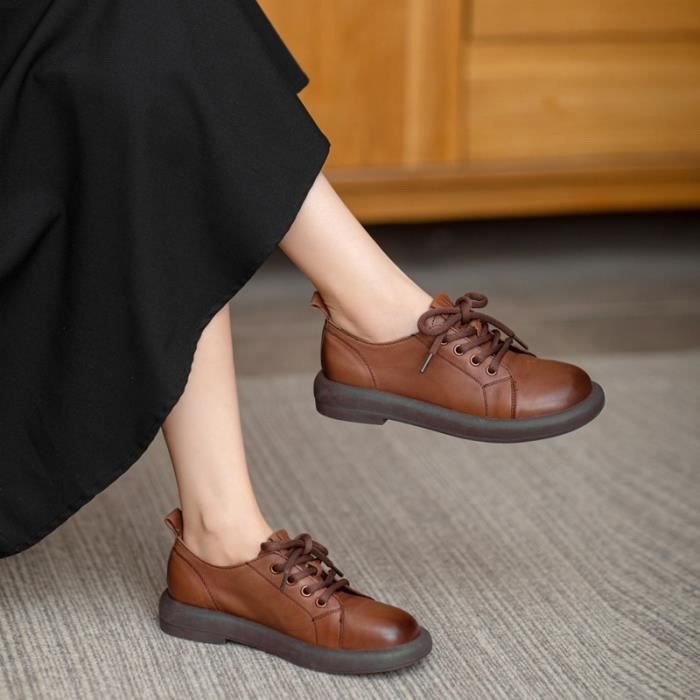 Mocassin Femme en cuir Doux Confortable Casual Couleur unie Avec lacet Marron Femme Adulte
