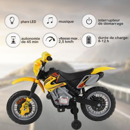 HOMCOM Moto Cross électrique enfant 3 à 6 ans 6 V phares klaxon musiques  102 x 53 x 66 cm jaune et noir pas cher 