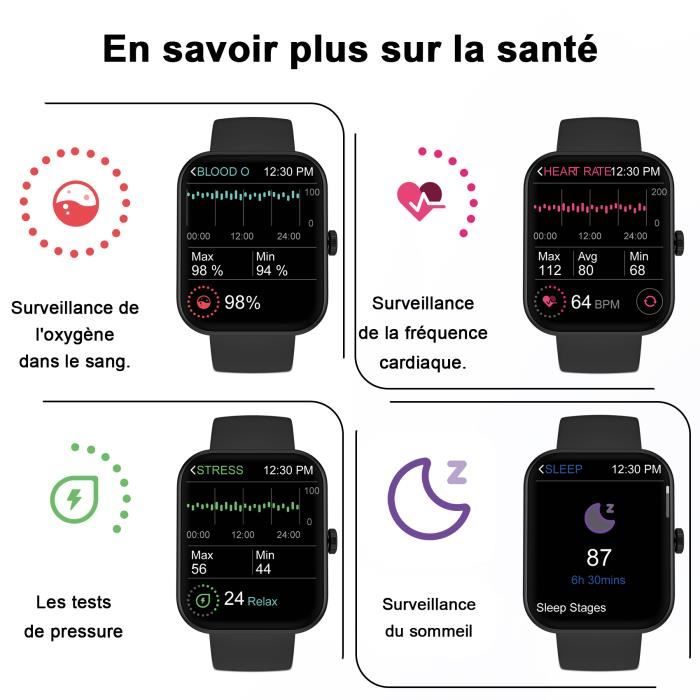 YAMAY Montre Connectée Homme Femme Smartwatch Tensiomètre Montre Sport  Cardiofrequencemetre Podometre Sommeil pour Android iOS Noir - Cdiscount  Téléphonie