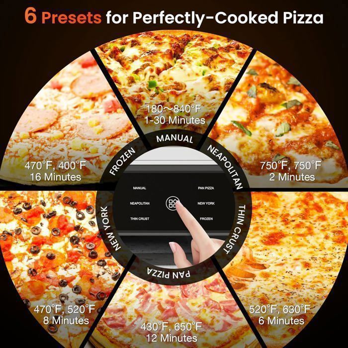 Four à Pizza électrique 1700W - 6 Programmes, Jusqu'à 450°C - Avec Pierre à Pizza Et Pelle - Idéal Pour Pizza Maison 32 Cm - 13