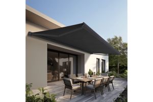 Store banne motorisé coffre intégral 5x3.5 m gris avec éclairage LED - Structure grise anthracite - PROTECT LED OMBRAZUR