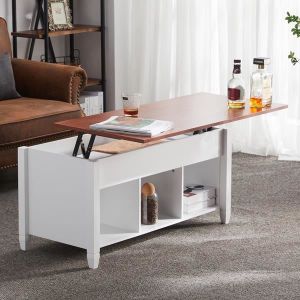 Table basse plateau relevable effet béton et bois blanc - ELEA