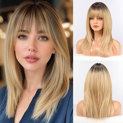 Perruque Femme Blonde Foncée Mi-longue Bouclée - Synthétique, Bonnet Moyen - Neuf Avec étiquettes - Ref EVA 27
