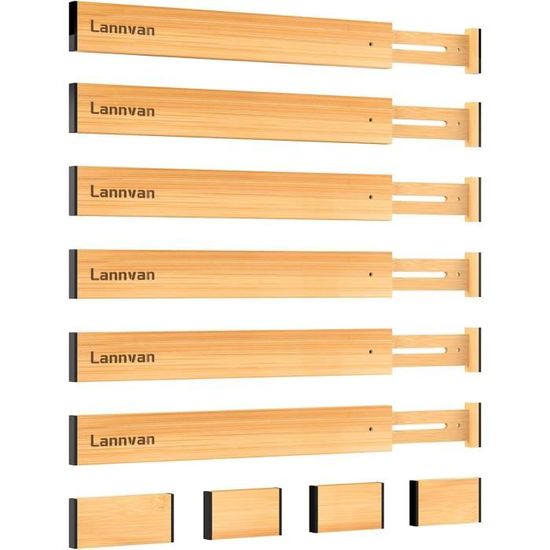 ANTOWIN Lot de 6 séparateurs de tiroir en bambou, séparateurs de tiroir, 43,2 à 55,9 cm de long, organiseur à ressort réglable pour grands ustensiles, vêtements, outils, tiroirs à outils, lot de