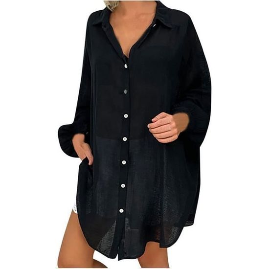 Tunique Femme Loose En Coton - Manches Longues, Col V, Longueur Couvrante - Style Décontracté Chic