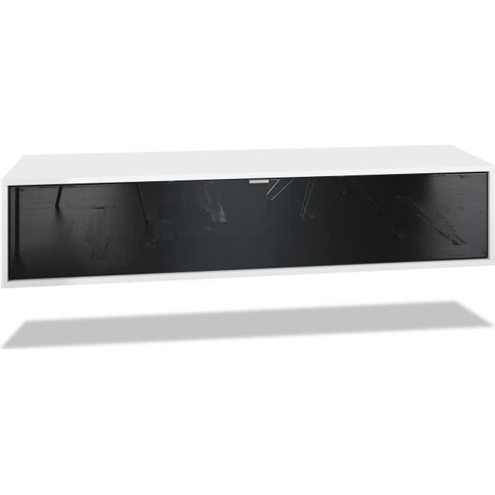 Meuble TV Lana 140 armoire murale lowboard 140 x 29 x 37 cm, caisson en Noir mat, façades en Noir haute brillance