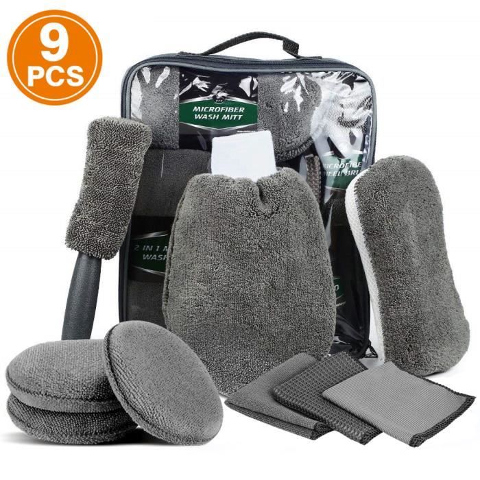 Kit de Nettoyage de Voiture 9PCS, Professionnel Microfibre Lavage Voiture Nettoyer Kit, Brosse Voiture, Chiffons de Nettoyage Gants