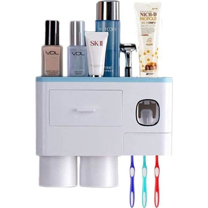 Distributeur Automatique de Dentifrice Porte Brosse à Dents Mural Adapté pour Distinguer la Brosse à Dents Adulte et Enfant(Bleu)