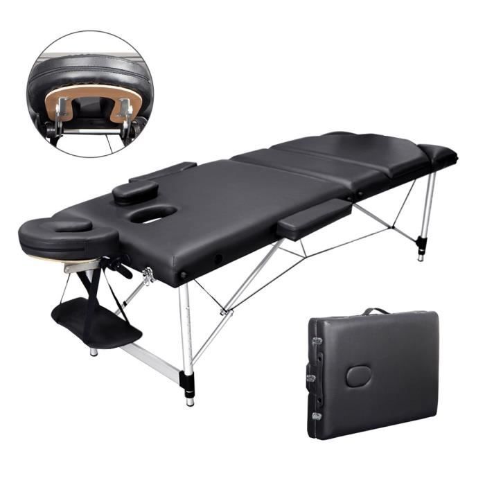 Table de massage Pliante Bois 3 Zones Cadre en Aluminium Noir + 1 Housse
