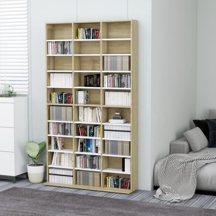 MON Armoire à CD-DVD étagère à CD Meubles de Rangement multimédia Blanc et chêne sonoma 102x23x177,5 cm Aggloméré 1378
