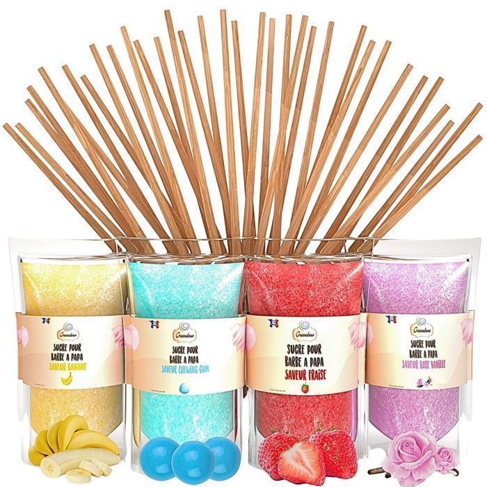 Sucre Barbe à Papa 1,4kg (4 Parfums) + 50 Bâtonnets de 30Cm (Offerts) + 1 Cuillère Mesure