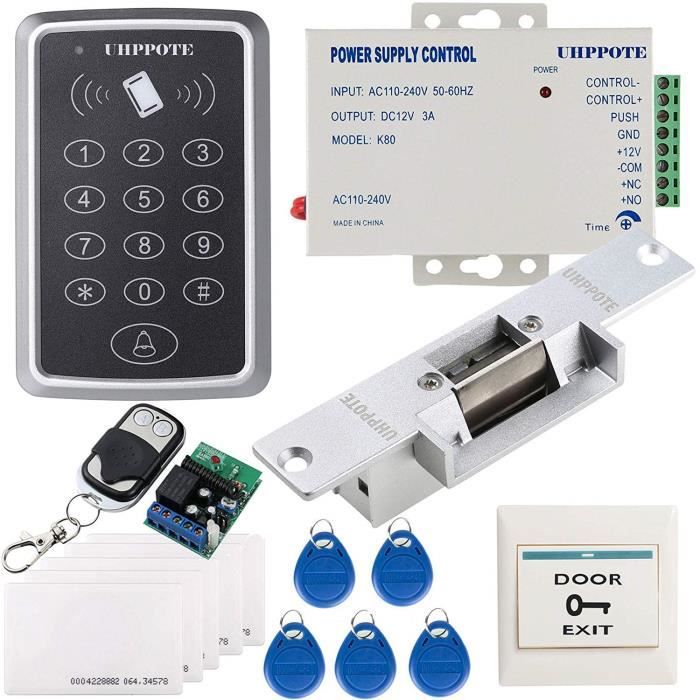 UHPPOTE Kit de contrôle d'accès pour une-porte avec 125KHz RFID EM ID Clavier et Serrure électrique Télécommande Bouton d'exit