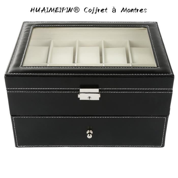 PEU COÛTEUX!!! Coffret à Montres - 20 montres avec vitre et tiroir - Exté gris et inté blanc - 28,5 x 20,5 x 15 cm - HUAIMEIPIN