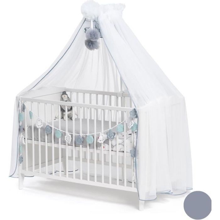 Callyna ® - Ciel de lit bébé moustiquaire voile Blanc grande taille. Pompon Gris