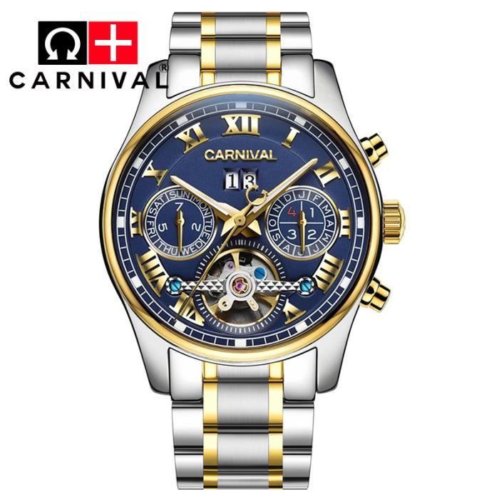 CARNIVAL® Original Montres Hommes Marque De Luxe - Automatique Tourbillon - Design Décontracté - Étanche - Acier - Bleu