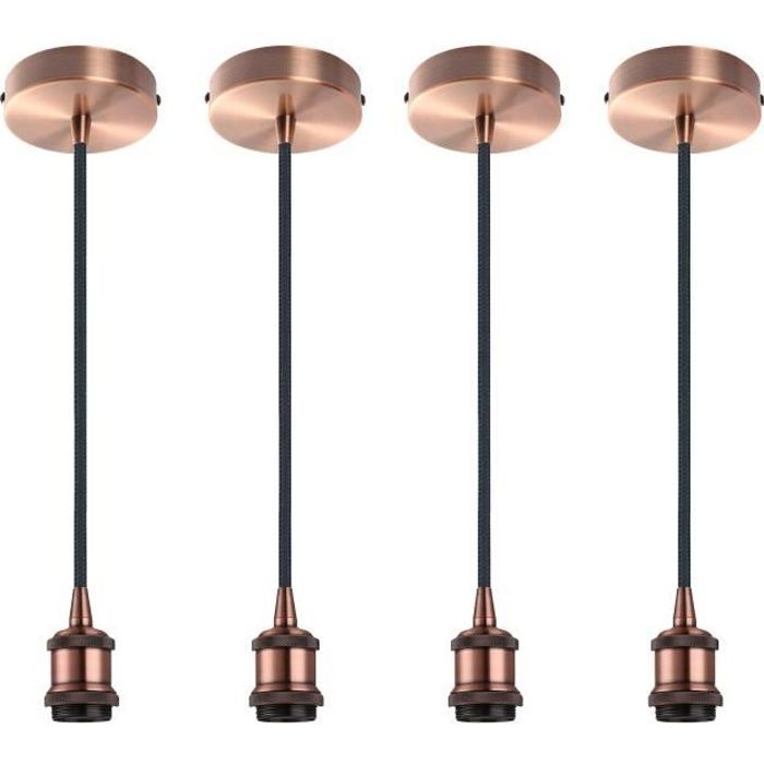 Lot de 4 Suspension Douille E27 Vintage verki - Câble Textile Noir 1m - Monture électrique de suspension - Style rétro - Idéal pour