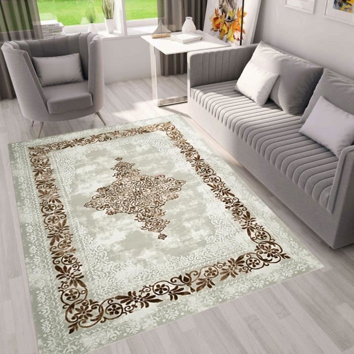 Tapis style Baroque BEIGE, Antidérapant et Lavable en machine, 120x180cm
