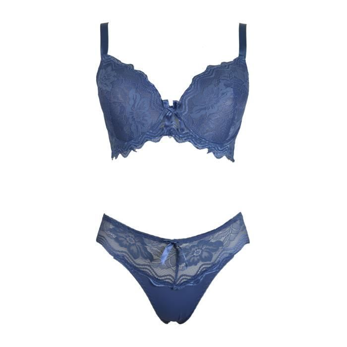 Ensemble 100D dentelle bleu soutien gorge et culotte lingerie grande taille