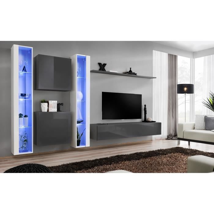 Ensemble meuble salon mural SWITCH XVI design, coloris gris et blanc brillant. 40 Gris
