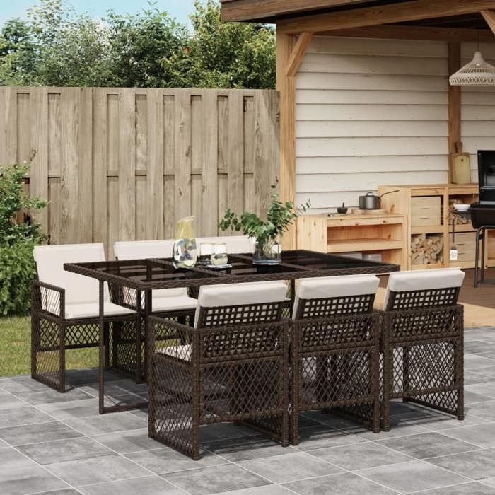 vidaXL Ensemble à manger de jardin et coussins 7 pcs marron rotin 3210729