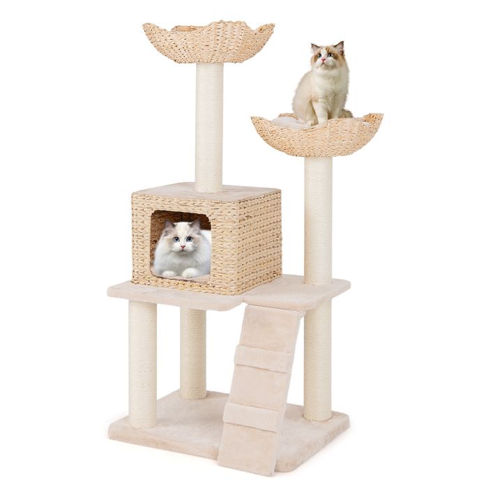 Meilleurs prix pour COSTWAY Arbre à Chat Multi-niveaux en Bois 122 CM, Poteaux à Gratter en Sisal, Perchoir, Condo, Panier, Echelle, Coussins Lavables