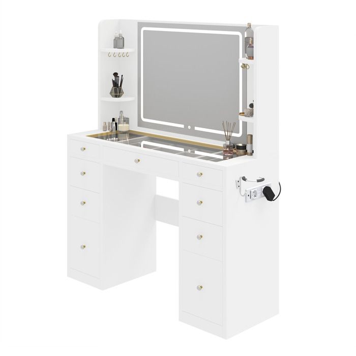 Balconera Grande Coiffeuse LED Règlable + Prises - Bureau Transparent 9 Tiroirs Divisés Blanche