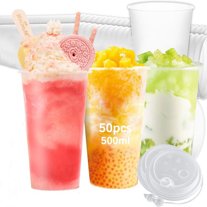 Gobelet plastique réutilisable - HOME SAFETY - Avec couvercles plats - 500 ml - 50 pièces - Étanche lave-vaisselle