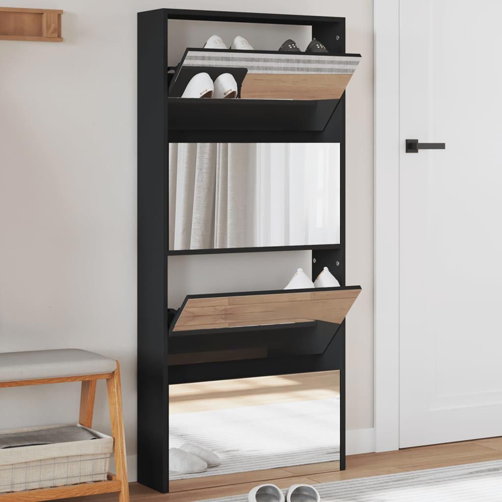 Noir Armoire à chaussures - Meuble d’entrée pour Couloir/salon - avec miroir à 4 niveaux noir 63x17x134 cm @sale76134