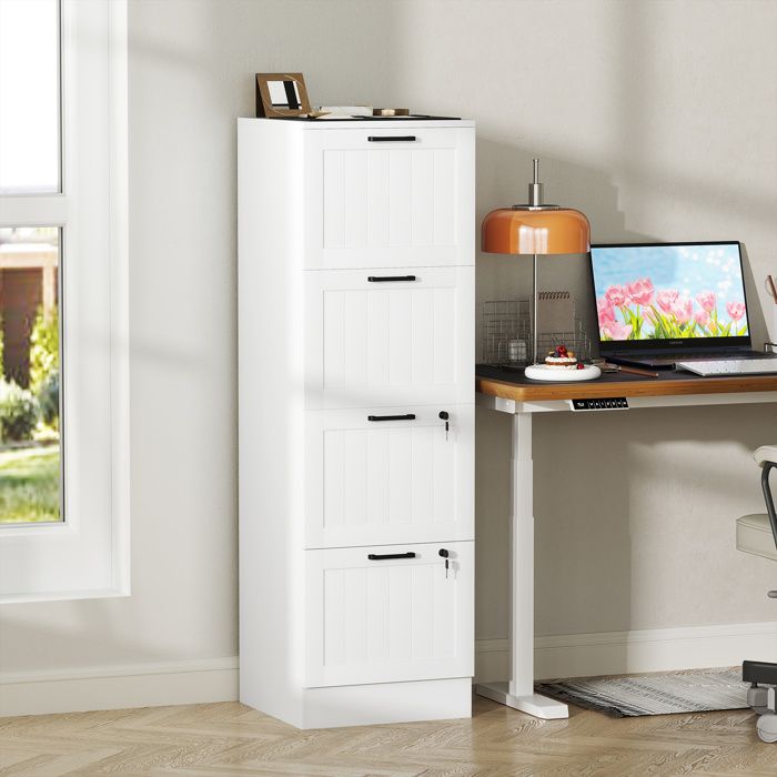 Caisson bureau meuble rangement bois 4 tiroirs et serrure barres de suspension réglables 40 x 40 x 131 cm blanc