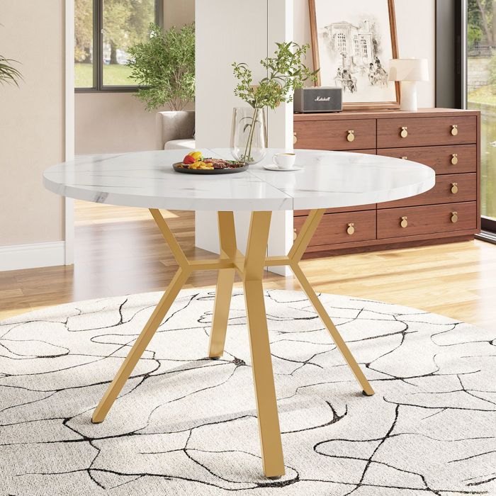 Table à Manger effet marbre rond détail doré structure en X noire support métallique stable et durable